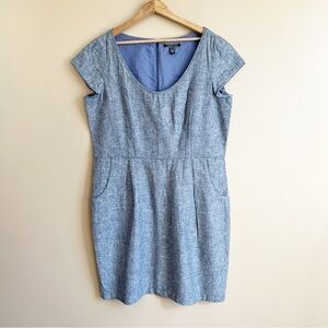 PERUVIAN CONNECTION blue linen blend dress size 14 cap sleeve stripes w pockets